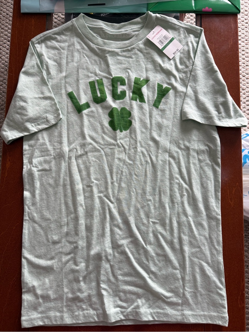 Lucky Brand Mint Green Tee with Dark Green 'LUCKY' and Shamrock